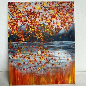 New Original Acrylic Fall Lake Painting on Canvas Autumn Wall Decor